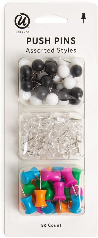 Photo 1 of U Brands Push Pins Variety Pack, Office Supplies, with Round Pins, Clear Pins, Assorted Styles, 80 Count

