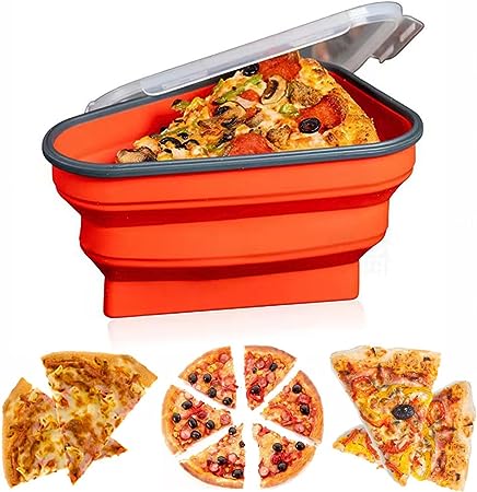 Photo 1 of  Pizza Storage Container Collapsible,Pizza Slice Storage Container,Reusable Pizza Storage Container Organize,Pizza Pack Container Expandable Silicone, with 2 Serving Trays,Red
