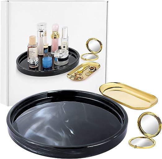 Photo 1 of 3-Piece Perfume Tray Decorative Vanity Tray, Marble Bathroom Tray for Counter, Perfume Organizer Porcelain Vanity Trays for Bathroom Countertop Black 