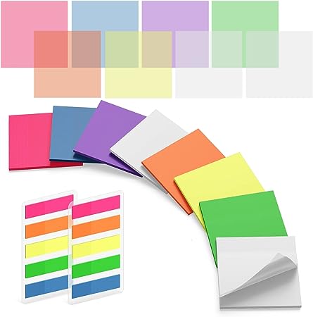 Photo 1 of DAUPIN 600 Sheets Transparent Sticky Notes Set, Clear Sticky Notes 3 × 3 inch 8 Pads, Book Tabs 1.8 × 0.5 inch 2 Packs, 7 Bright Colors Cute Waterproof Note Pads Easy to Post.
