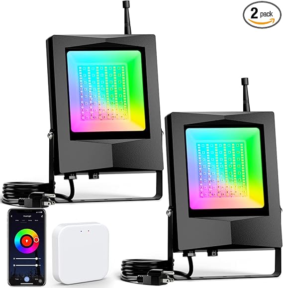 Photo 1 of 60W RGB LED Flood Lights 2 Pack,Color Changing Stage Landscape Floodlights,16 Million Colors Spotlight, IP65 Bluetooth Mesh,for Garden Party Wedding Christmas Wall Washer
