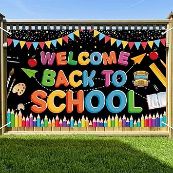 Photo 1 of 72 x 44 Inch Welcome Back to School Banner - First Day of School Hanging Banner Backdrop, Large Welcome Sign Poster Bulletin Board Flag Wall Decorations for School Classroom
