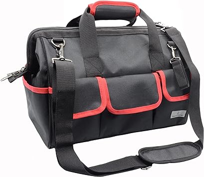 Photo 1 of 15-Inch Tool Bag Wide Mouth Tool Tote Bag with Zipper Inside Pockets for Tool Storage Red
