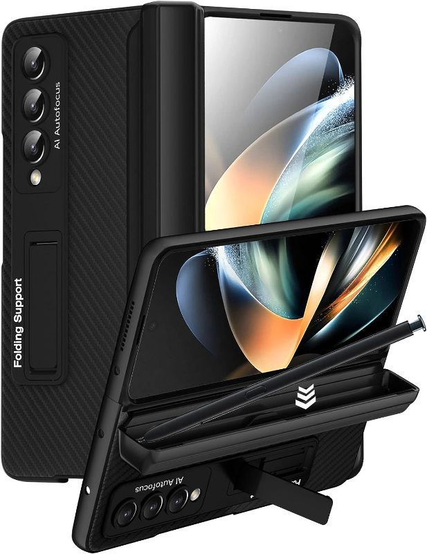 Photo 1 of EJGNA For Galaxy Z Fold 4 Case Built In Pen Slot,[Military Grade Drop Tested][Hinge Protection] Case With Kickstand For Samsung Galaxy Z Fold 4 Case 5G, Black
