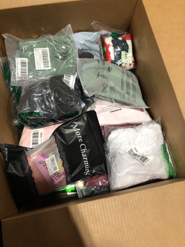 Photo 1 of Clothing box lot. Over 20 pieces of brand new clothing items for men, women, and kids. Sold as is.