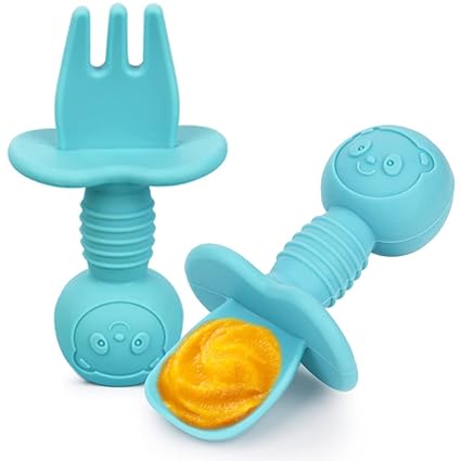 Photo 1 of Baby Spoon & Fork - First Stage Toddler Utensils - Baby Led Weaning Spoon - 100% Food Grade Soft Silicone Anti-Choke, Best Self Feeding for Ages 6 Months+ - 2 PACK 
