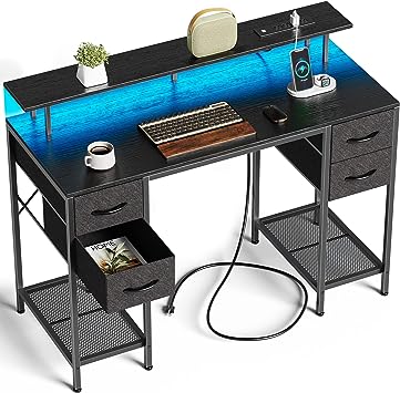 Photo 1 of Huuger 47 inch Computer Desk with 4 Drawers, Gaming Desk with LED Lights & Power Outlets, Home Office Desk with Large Storage Space for Bedroom, Work from Home, Black
