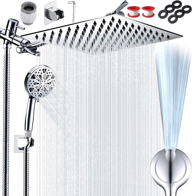 Photo 1 of 12" High Pressure Rain Shower Head, Shower Head with 11 Inch Extension Arm, 10-mode Handheld Shower Head with Holder/Hose, Built-in Power Wash to Clean Tub, Tile & Pets, Flow Regulator, Chrome
