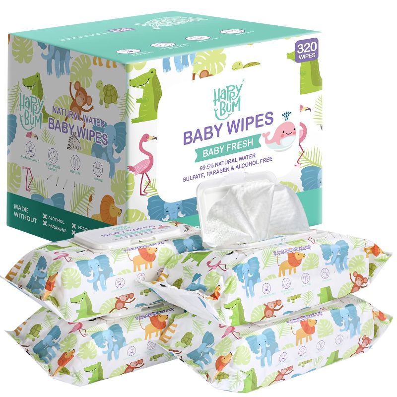 Photo 1 of Baby Wipes - HAPPY BUM Sensitive Water Baby Diaper Wipes, Hypoallergenic, Unscented, 4 Flip-top packs (320 Wipes Total)
