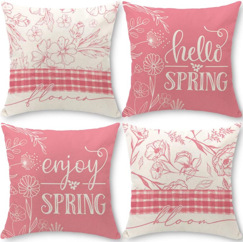 Photo 1 of  Spring Pillow Covers 18x18 Set of 4 Spring Decor Hello Spring Outdoor Pillow Covers Spring Throw Decorative Farmhouse Pillow Covers Spring Decorations for Home