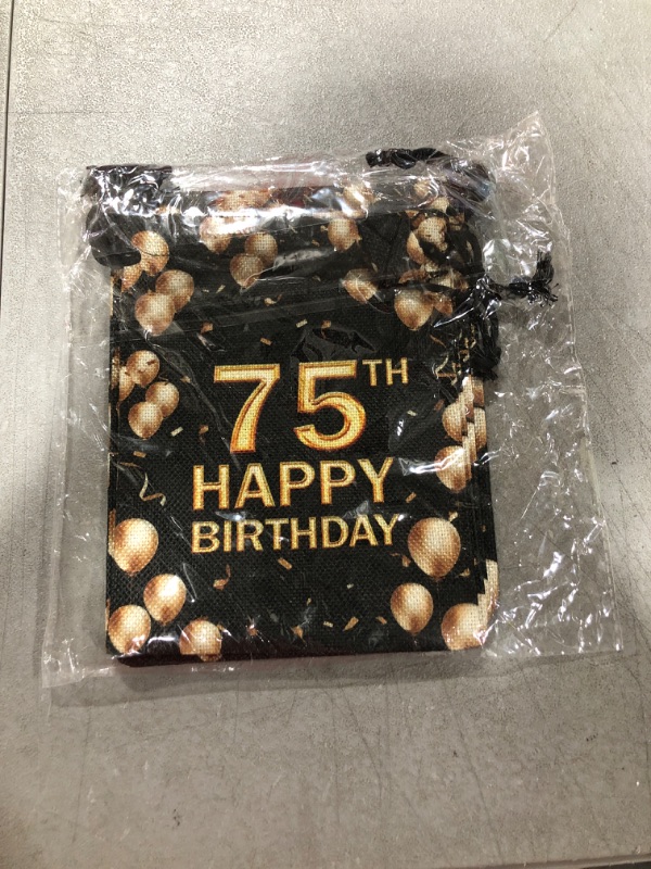 Photo 2 of 75th Happy Birthday Gift Bags, Gift Bags for Birth Date, Pouches with Drawstring With Black Background And Golden Balloons, Party Favors, Set of 5 (birth75)