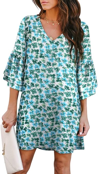 Photo 1 of BELONGSCI Women's M 2023 Summer Dress Sweet & Cute V-Neck Bell Sleeve Shift Dress Mini Dress, Perfect for Wedding or Graduation 