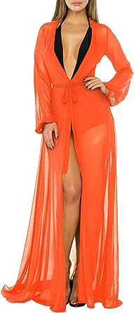 Photo 1 of AOHITE Women's XLBeach Swimsuit Long Sleeve Cover Up Sexy Mesh Bikini Coverup Flowy Maxi Dress Open Front Robe with Belt 