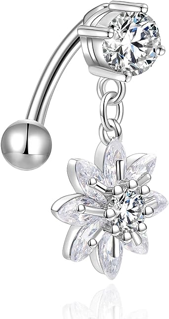 Photo 1 of CANDYFANCY Reverse Belly Button Rings Dangle Flower CZ 14G Navel Ring Surgical Steel Belly Piercing Jewelry Top Mount Belly Ring 
