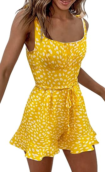 Photo 1 of GOBLES Summer Women's S Sleeveless Drawstring Polka Dot Print Ruffle Hem Short Jumpsuits Rompers