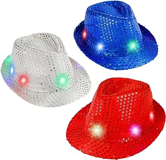 Photo 1 of 3 Pcs Red White Blue Hat Light Up Fedora Cowboy Hat LED Sequin Fedora Lighting Cowgirl Hat for Men Women 