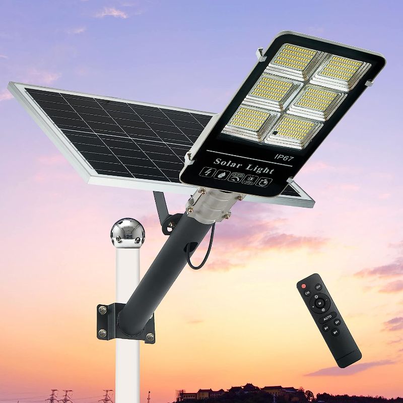 Photo 1 of 400W Solar Street Light Outdoor,40000LM 6000k Aluminum LED Parking Lot Lighting Dusk to Dawn with Remote Control,IP67 Waterproof Commercial Area Security Flood Lights for Garden,Pathway,Court,Yard
