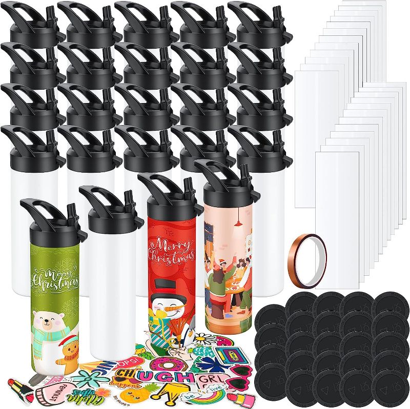Photo 1 of 24 Pack Sublimation Tumbler 20oz Triple-Insulated Stainless Steel Sports Water Bottle with Straw Lid Blank Sublimation Cup with DIY Stickers, Shrink Wrap, Rubber Base, Heat Tape for Heat Transfer
