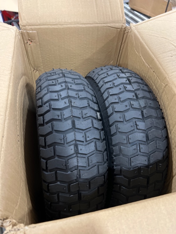 Photo 2 of (2-Pack) 16x6.50-8 Pneumatic Tires on Rim - Universal Fit Riding Mower and Yard Tractor Wheels - With Chevron Turf Treads - 3” Centered Hub and 3/4” Bushings - 615 lbs Max Weight Capacity