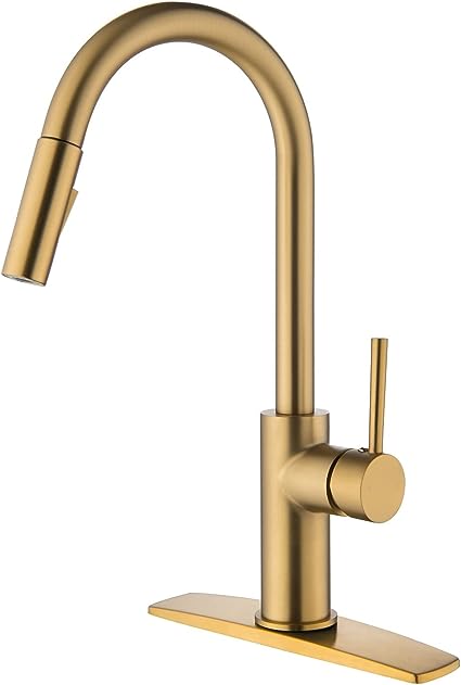 Photo 1 of  Gold Kitchen Sink Faucets Pull Down 2 Mode Sprayer with Deck Plate, Brushed Brass Gold
