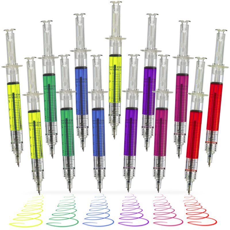 Photo 1 of Kicko Syringe Pens - 12 Pack Multi-Color Syringe Pen - Writes in Blue or Black Ink for Boys, Girls, Imaginary Doctor Play, School Supplies, Party Favors, Goody Bag Fillers and Prizes 12 Count (Pack of 1)