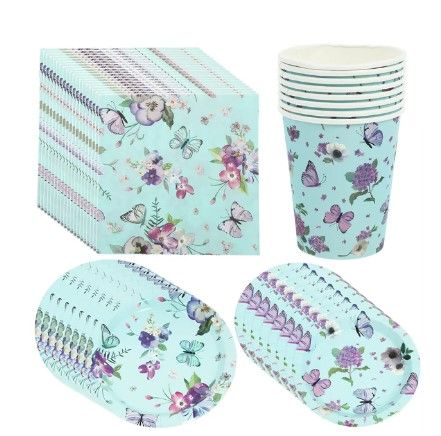Photo 1 of 1 Set of 44Pcs Butterflies Themed Party Tableware Round Plates Paper Napkins

