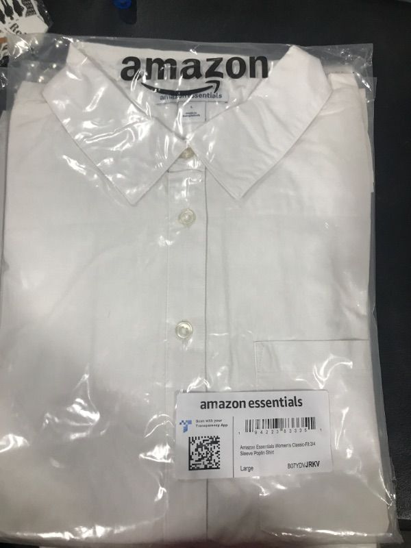 Photo 2 of Amazon Essentials Women's Classic-Fit 3/4 Sleeve Poplin Shirt Large White