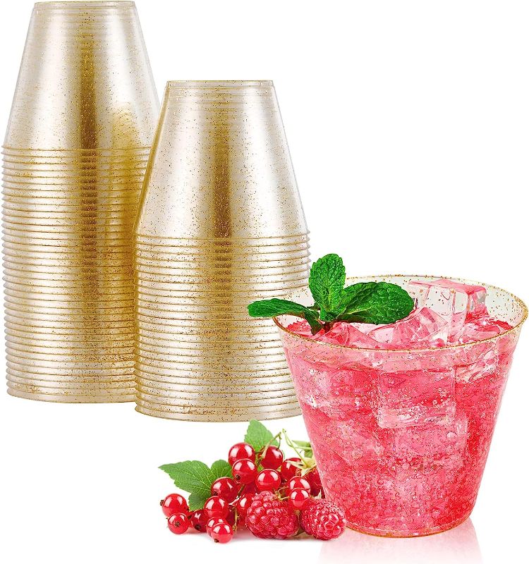 Photo 1 of 50 Pack 9 oz Glitter Plastic Cups, Disposable Gold Cups, Clear Plastic 