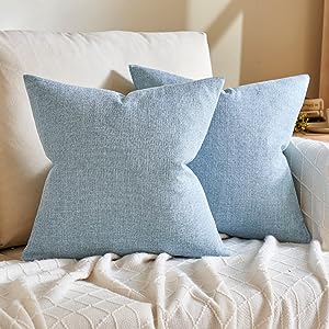 Photo 1 of ANRODUO Pack of 2 Decorative Linen Burlap Pillow Cover Square Solid Throw Cushion Case for Sofa Car Couch 18x18 Inch Light Blue
