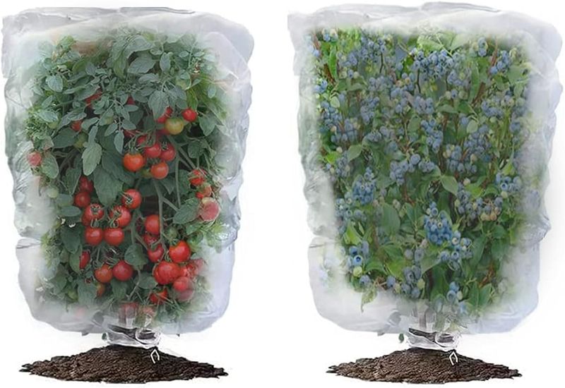 Photo 1 of 2 Pcs Garden Insect Plant Netting Cover with Drawstring, Bird Netting Pest Barrier Bag Tomato Protective Cover, Plant Cover Bags for Protect Blueberry Vegetables Fruits Tree---Size: 3.2 x 4.9 Ft-2 Pack

