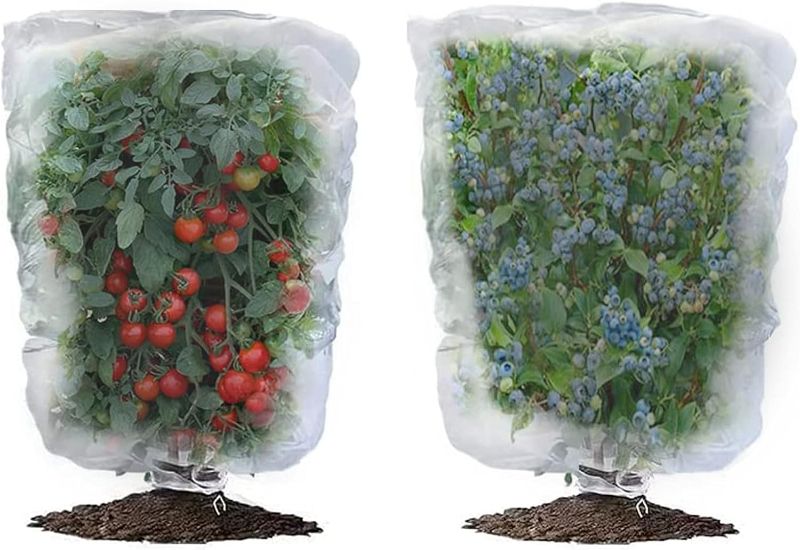 Photo 1 of 2 Pcs Garden Insect Plant Netting Cover with Drawstring, Bird Netting Pest Barrier Bag Tomato Protective Cover, Plant Cover Bags for Protect Blueberry Vegetables Fruits Tree---Size: 3.2 x 4.9 Ft-2 Pack

