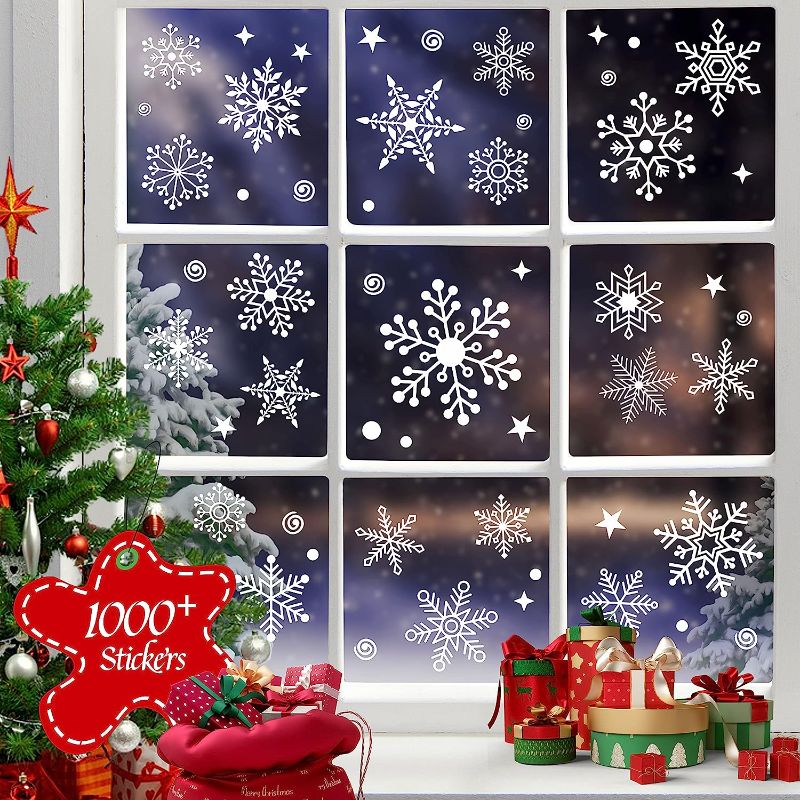 Photo 1 of 1000+ Double-Sided Christmas Window Clings, 25+ Designs Snowflake Static Stickers Window Decoration Xmas Ornaments Reusable Frozen Party Supplies New Year Decals for Winter Holiday 