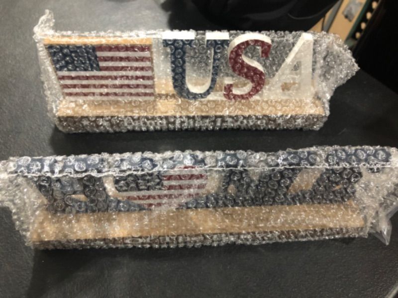 Photo 2 of 4th of July Patriotic Table Decor 2 Pieces Wood US Flag Rustic Farmhouse Sign 4th of July Decorations for Home Red White and Blue Decorations Independence Day Labor Day Table Centerpieces 