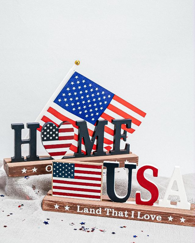 Photo 1 of 4th of July Patriotic Table Decor 2 Pieces Wood US Flag Rustic Farmhouse Sign 4th of July Decorations for Home Red White and Blue Decorations Independence Day Labor Day Table Centerpieces 