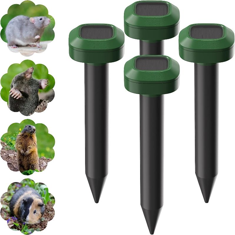 Photo 1 of 4 Pack Solar Powered Mole Repellent for Yard Lawn Garden, IP65 Waterproof Snake Repellent for Outdoors Pet Safe to Get Rid of Mole, Snakes, Gopher, Vole and Other Underground Pests 