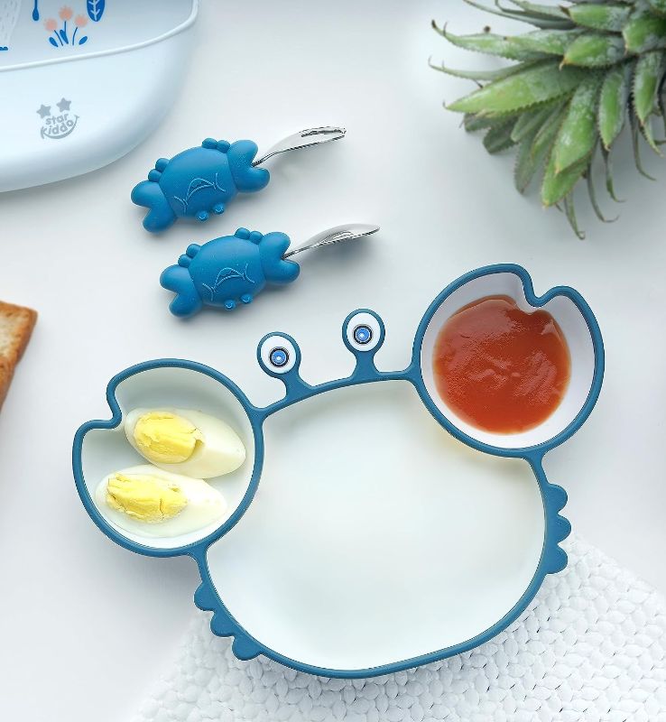 Photo 1 of Crab Silicone  Babies & Toddlers | Premium Cartoon Baby Feeding Set | Baby-Led Self Feeding Training Divider Plate with Easy Grip Handle Spoon & Fork | Non-Toxic Food Grade Silicone Set. (Greek Blue)