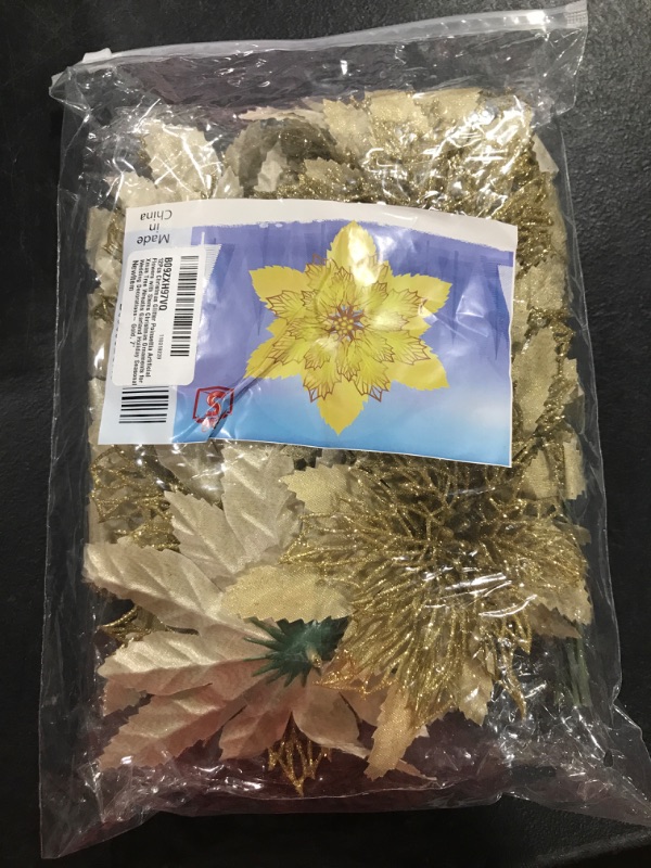 Photo 2 of 12Pcs Christmas Glitter Poinsettia Artificial Flowers with Stems Christmas Ornaments for Xmas Tree Wreaths Garland Holiday Seasonal Wedding Decorations- Gold, 7"
