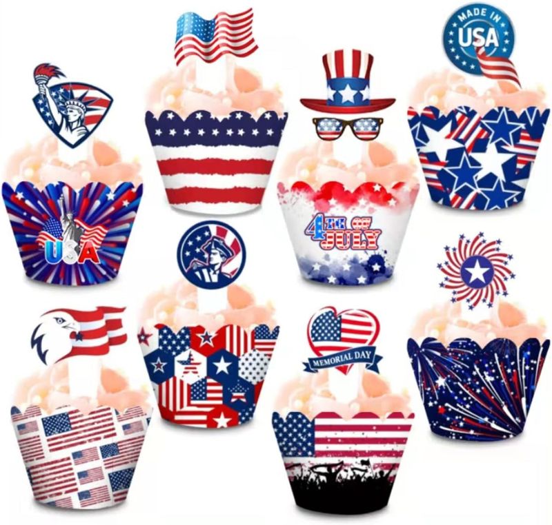 Photo 1 of 4th of July Cake Decorations Cupcake Wrappers and Toppers for Patriotic Party Supplies Independence Day, Memorial, Veterans Day?8 Designs, 24 Pack) 