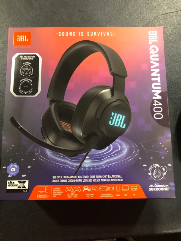 Photo 2 of JBL Quantum 400 USB Wired Over-Ear Gaming Headset (Black)--FACTORY SEALED, NEW----