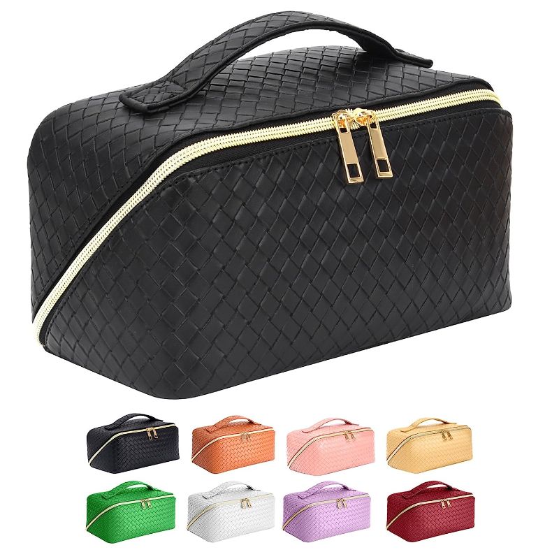 Photo 1 of  Makeup Bag - Large Capacity Travel Cosmetic Bag, Portable Leather Waterproof Women Travel Makeup Bag Organizer, with Handle and Divider Flat Lay Checkered Cosmetic Bags (Black)
