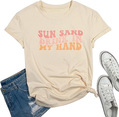 Photo 1 of Beach Shirts Women Sun Sand in My Hand Shirt Beach Bachelorette Party Shirts Summer Vacation T Shirt Retro Letter Print Top L