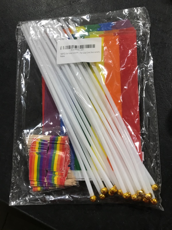 Photo 2 of 100PCS Rainbow Cupcake Toppers & 20 Pack 5 * 8Inch Hand Held Rainbow Flag, LGBTQ Flag Rainbow Cake Topper Handheld Pride Flag For Pride Party, Rainbow Cake Decorations