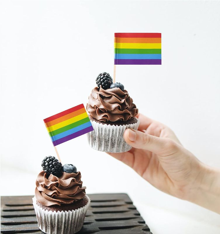 Photo 1 of 100PCS Rainbow Cupcake Toppers & 20 Pack 5 * 8Inch Hand Held Rainbow Flag, LGBTQ Flag Rainbow Cake Topper Handheld Pride Flag For Pride Party, Rainbow Cake Decorations