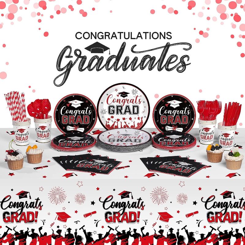 Photo 1 of 193 Pcs Graduation Party Supplies Set Grad Decoration Congrats Graduation Tablecloth and Cups Plates Napkins Silverware for Event Celebration Party Supply, Serves 24 (Red and Black)