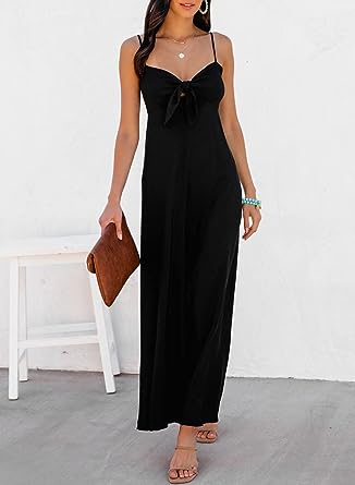 Photo 1 of AlvaQ Women's Summer Tie Knot Front V Neck Maxi Dress Adjustable Spaghetti Strap A Line Flowy Long Dresses Size XL
