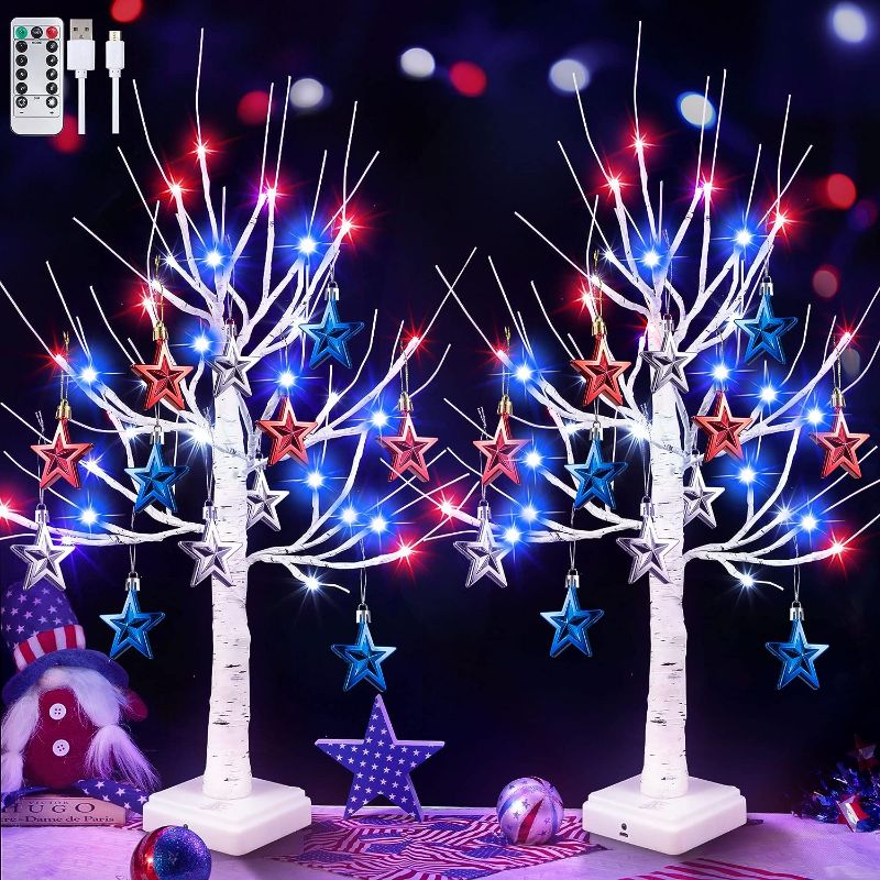 Photo 1 of 2 Pack 4th of July Tree Light Decoration, 8 Mode 24 LED Red White Blue Lighted Patriotic Tree Lights and 12 Stars, USB/Battery Operated Fourth of July Tree Tabletop Decor Independence Day Memorial Day 