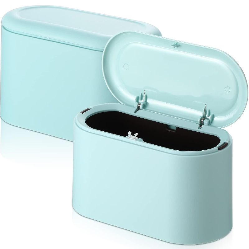 Photo 1 of 2 Pcs Mini Desk Trash Can with Lid Plastic Tiny Trash Can Counter Garbage Small Trash Can Pop up Countertop Wastebasket Removable Cute Desktop Trash Bin for Table Bathroom Office Kitchen (Light Blue)