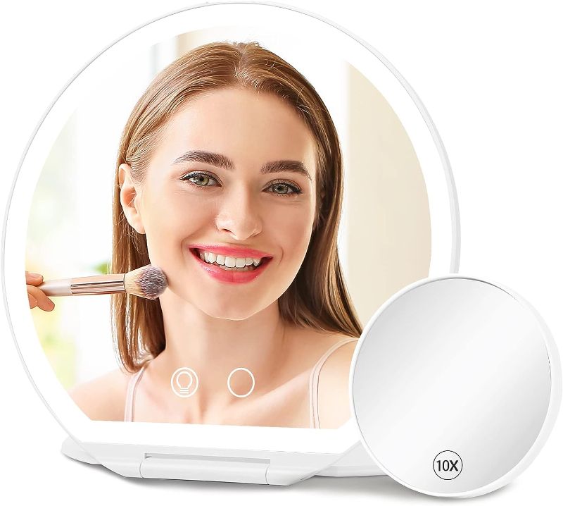 Photo 1 of  Foldable Travel Makeup Mirror with Lights - Lighted Make Up Mirror Rechargeable with 3 Color Lighting, Ultra Thin Light Up Cosmetic Mirror for Desk, Touch Screen Adjustable Brightness LEDs