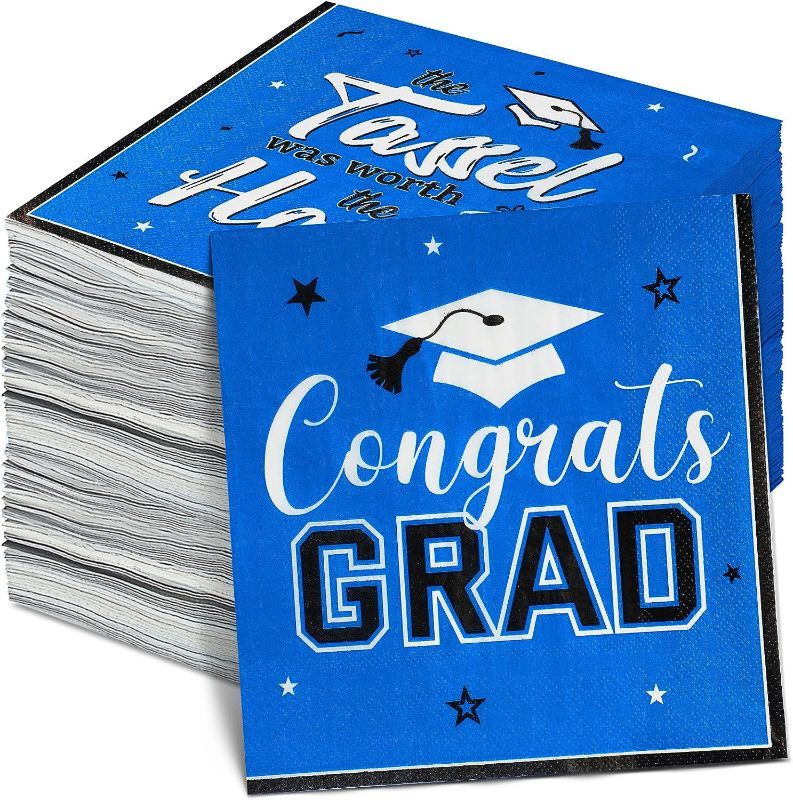 Photo 1 of 100 Pieces Graduation Napkins Bulk Congrats Grad Cocktail Napkins Disposable Paper Napkin for Class of Congratulations Graduate Celebration Prom Party Dinner Napkins, 3 Ply 