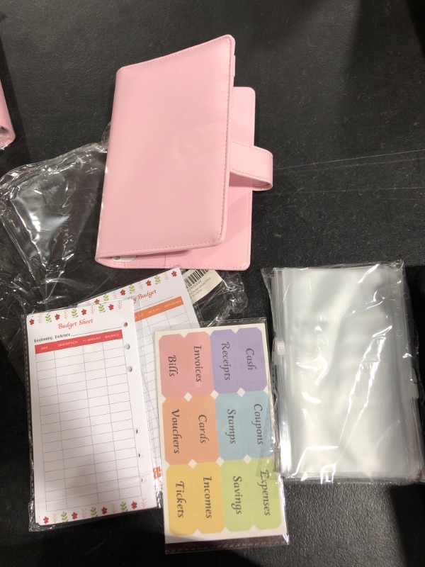 Photo 1 of A6 PU Leather Budget Binder System with Cash Envelopes for Budgeting, Money Saving Binder Organizer for Cash with Zipper Pockets and Budget Sheets (Pink)